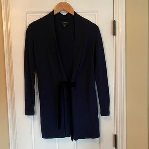 Talbots navy blue cardigan with black velvet tie.